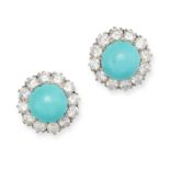 A PAIR OF TURQUOISE AND DIAMOND CLUSTER EARRINGS in yellow gold, each set with a round cabochon t...