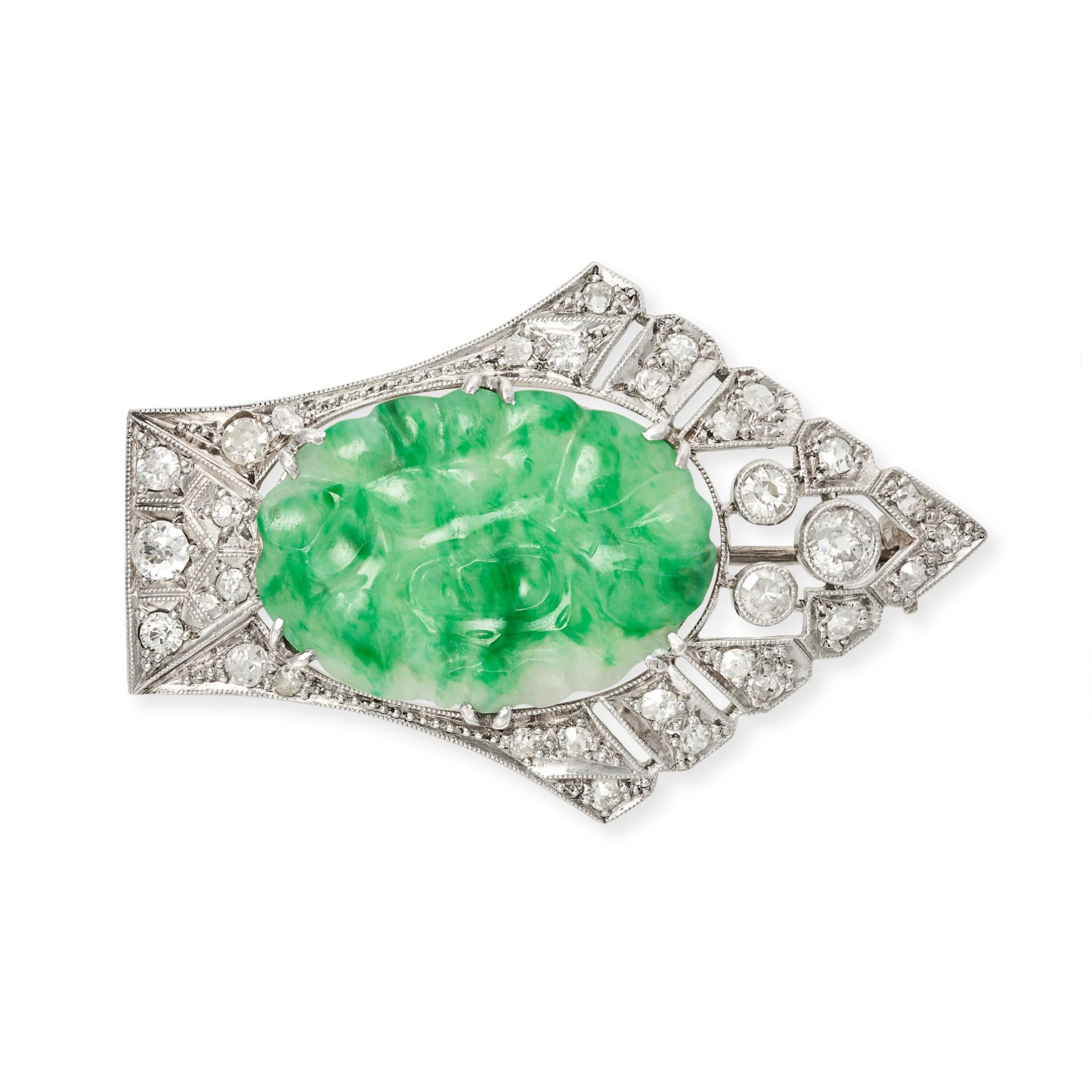 AN ANTIQUE ART DECO JADEITE JADE AND DIAMOND BROOCH designed as a shield, set with a piece of jad...