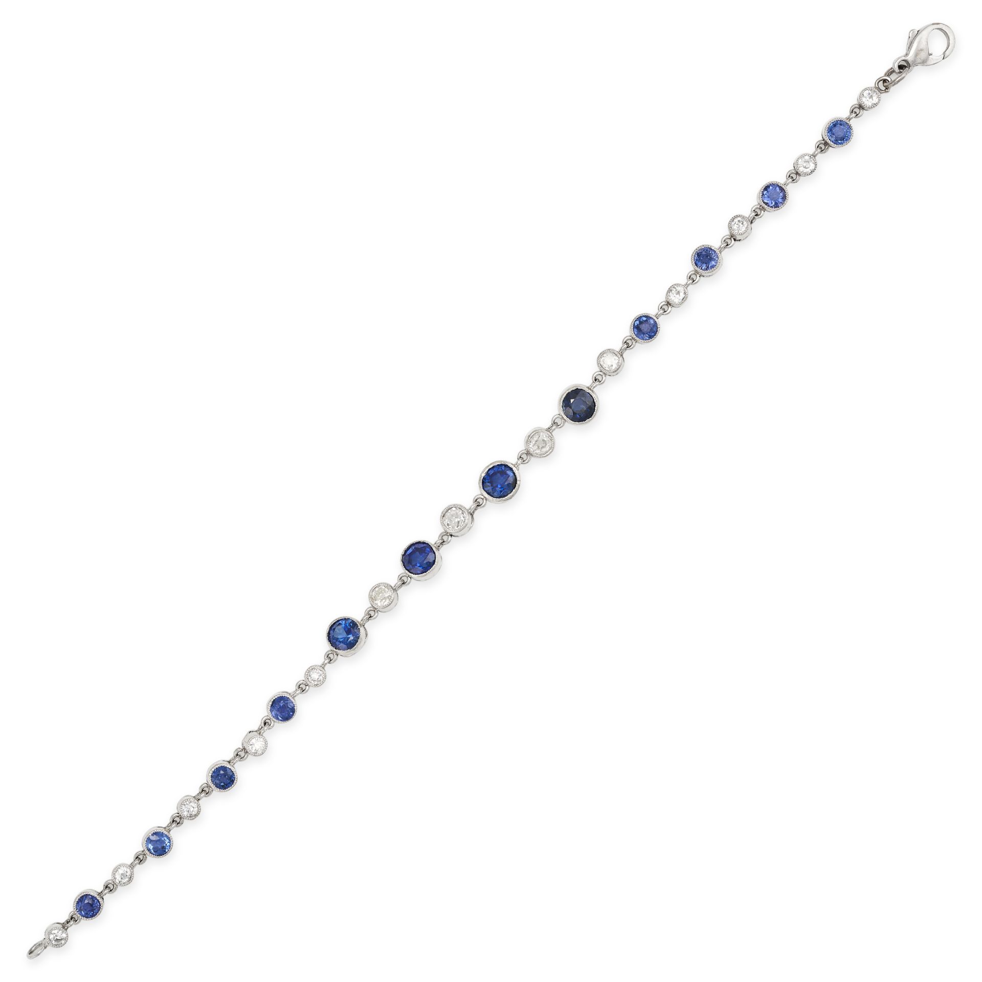 A VINTAGE SAPPHIRE AND DIAMOND BRACELET comprising a row of alternating round cut sapphires and o...