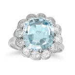 AN AQUAMARINE AND DIAMOND CLUSTER RING set with a cushion cut aquamarine of 5.62 carats in a clus...