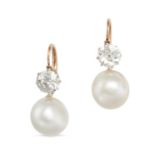 A PAIR OF NATURAL SALTWATER PEARL AND DIAMOND DROP EARRINGS in yellow gold, each set with an old ...