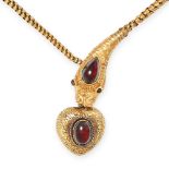 AN ANTIQUE VICTORIAN GARNET SNAKE NECKLACE in yellow gold, designed as a snake suspending a locke...