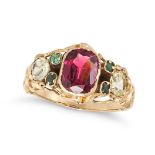 AN ANTIQUE GARNET, EMERALD CHRYSOLITE RING in yellow gold, set with a cushion cut garnet accented...