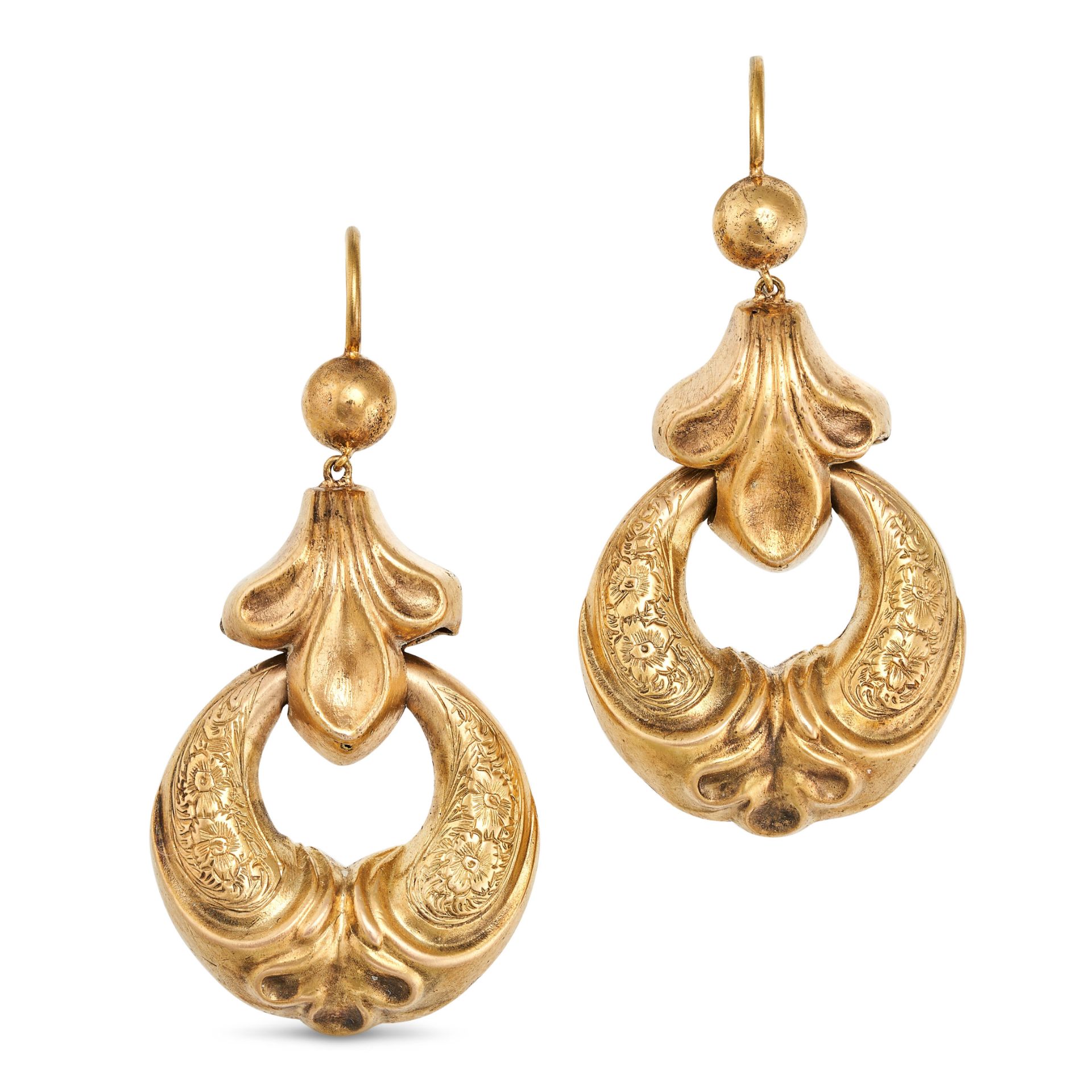 A PAIR OF ANTIQUE GOLD EARRINGS in yellow gold, each with a fleur de lys motif suspending a hoop ...