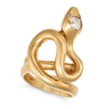 A VINTAGE DIAMOND SNAKE RING in yellow gold, designed as a coiled snake set with an old cut diamo...