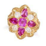 A FINE ANTIQUE BURMA NO HEAT RUBY AND DIAMOND RING in yellow gold, set with cushion and pear cut ...