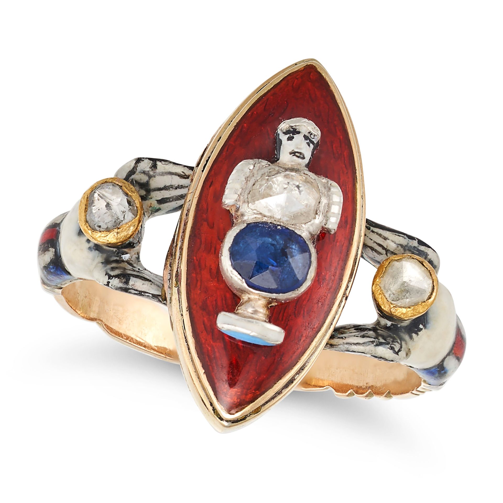 AN ANTIQUE SAPPHIRE, DIAMOND AND ENAMEL MOURNING LOCKET RING, 19TH CENTURY in yellow gold, the na...