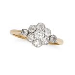 A VINTAGE DIAMOND CLUSTER RING in 18ct yellow gold and platinum, set with a floral cluster of old...