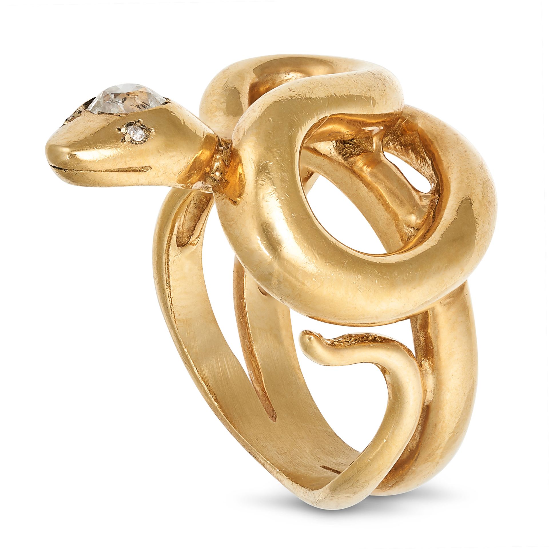 A VINTAGE DIAMOND SNAKE RING in yellow gold, designed as a coiled snake set with an old cut diamo... - Image 2 of 2