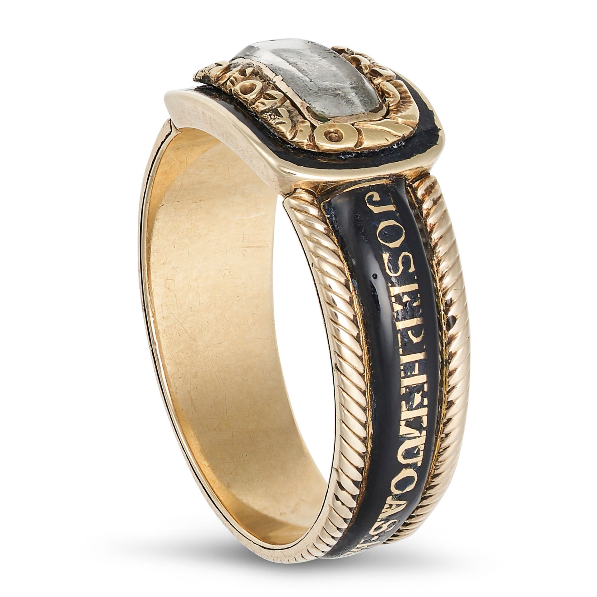 AN ANTIQUE GEORGIAN ENAMEL MOURNING RING in yellow gold, decorated in black enamel with the words... - Image 2 of 2