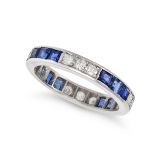 A SAPPHIRE AND DIAMOND ETERNITY RING set all around with alternating trios of square step cut sap...