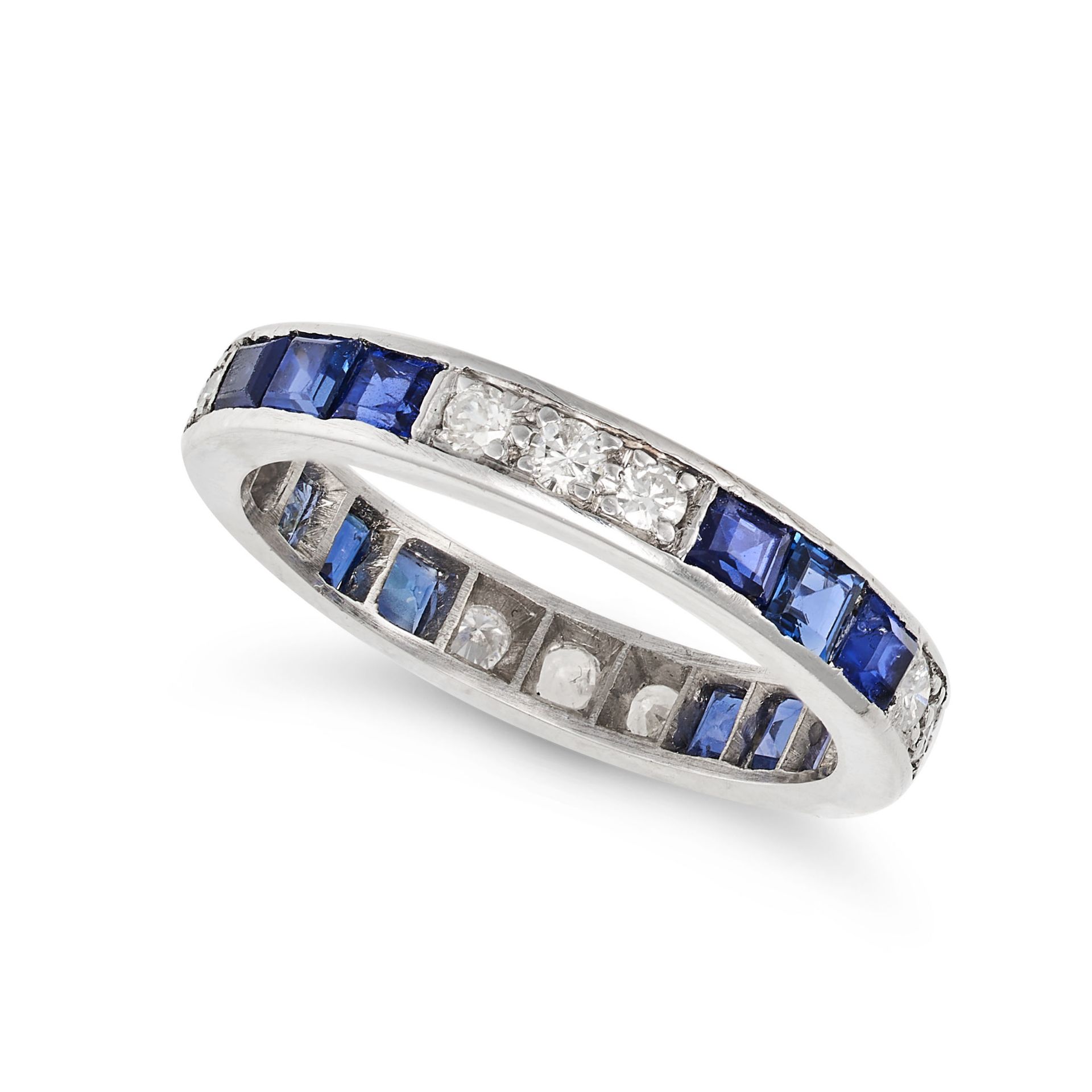 A SAPPHIRE AND DIAMOND ETERNITY RING set all around with alternating trios of square step cut sap...