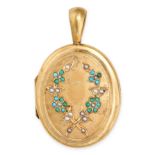 AN ANTIQUE VICTORIAN TURQUOISE AND PEARL LOCKET PENDANT in yellow gold, the oval hinged locket wi...