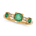 AN ANTIQUE EMERALD AND DIAMOND RING in 18ct yellow gold, set with square step and cushion cut eme...