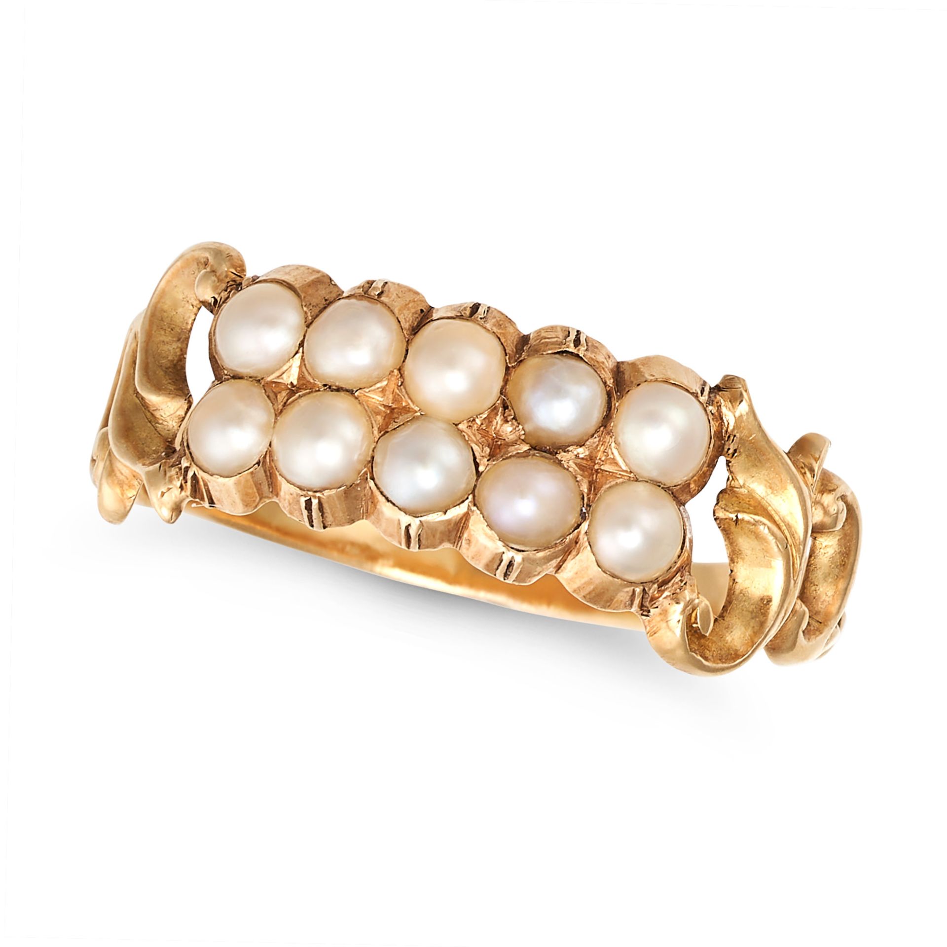 AN ANTIQUE PEARL RING, 19TH CENTURY in yellow gold, set with two rows of pearls, no assay marks, ...