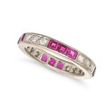 A RUBY AND DIAMOND ETERNITY RING set all around with trios of square step cut rubies and round br...
