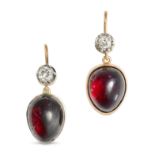 A PAIR OF ANTIQUE GARNET AND DIAMOND DROP EARRINGS in yellow gold, each comprising an old cut dia...