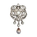 AN ANTIQUE NATURAL SALTWATER PEARL AND DIAMOND BROOCH in yellow gold and silver, the openwork fol...