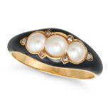 AN ANTIQUE PEARL, DIAMOND AND ENAMEL RING in yellow gold, decorated with black enamel, set with t...