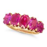 A FINE ANTIQUE BURMA NO HEAT RUBY FIVE STONE RING in 18ct yellow gold, set with five oval cut rub...