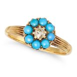 AN ANTIQUE TURQUOISE AND DIAMOND CLUSTER RING in yellow gold, set with an old cut diamond in a cl...