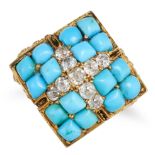 AN ANTIQUE TURQUOISE AND DIAMOND RING in yellow gold, set with clusters of cabochon turquoise acc...
