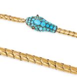 AN ANTIQUE VICTORIAN TURQUOISE SNAKE NECKLACE in yellow gold, the head set throughout with caboch...