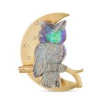 A VINTAGE OPAL AND DIAMOND OWL AND MOON BROOCH in 18ct yellow gold, designed as an owl perched on...