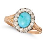 AN ANTIQUE TURQUOISE AND DIAMOND CLUSTER RING in yellow gold, set with an oval cabochon turquoise...