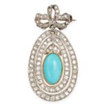 AN ANTIQUE TURQUOISE AND DIAMOND BROOCH designed as a ribbon tied into a bow set with rose cut di...