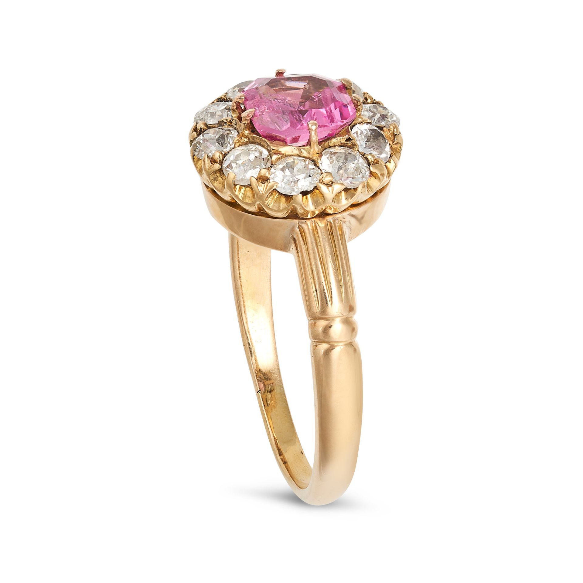 AN ANTIQUE PINK SAPPHIRE AND DIAMOND CLUSTER RING in yellow gold, set with an octagonal step cut ... - Image 2 of 2