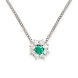 AN EMERALD AND DIAMOND PENDANT NECKLACE in 18ct white gold,set with a round cut emerald in a clus...