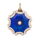 AN ANTIQUE PEARL AND ENAMEL LOCKET PENDANT in 15ct yellow gold, the circular pendant decorated wi...