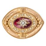 AN ANTIQUE GARNET AND PEARL ETRUSCAN REVIVAL LOCKET BROOCH, 19TH CENTURY in yellow gold, the nave...