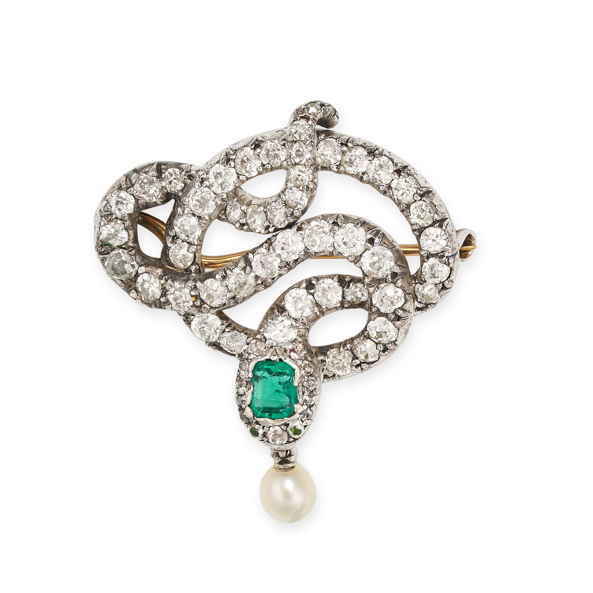 A FINE ANTIQUE EMERALD, DIAMOND AND PEARL SNAKE BROOCH, 19TH CENTURY in yellow gold and silver, d...