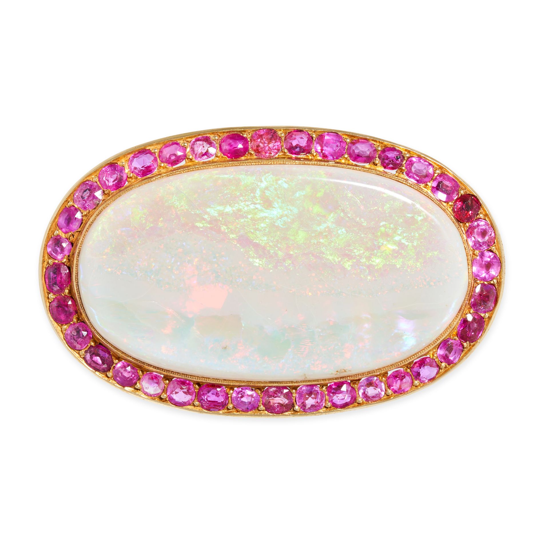 NO RESERVE - A FINE FRENCH ANTIQUE OPAL AND RUBY BROOCH in 18ct yellow gold, set with a cabochon ...