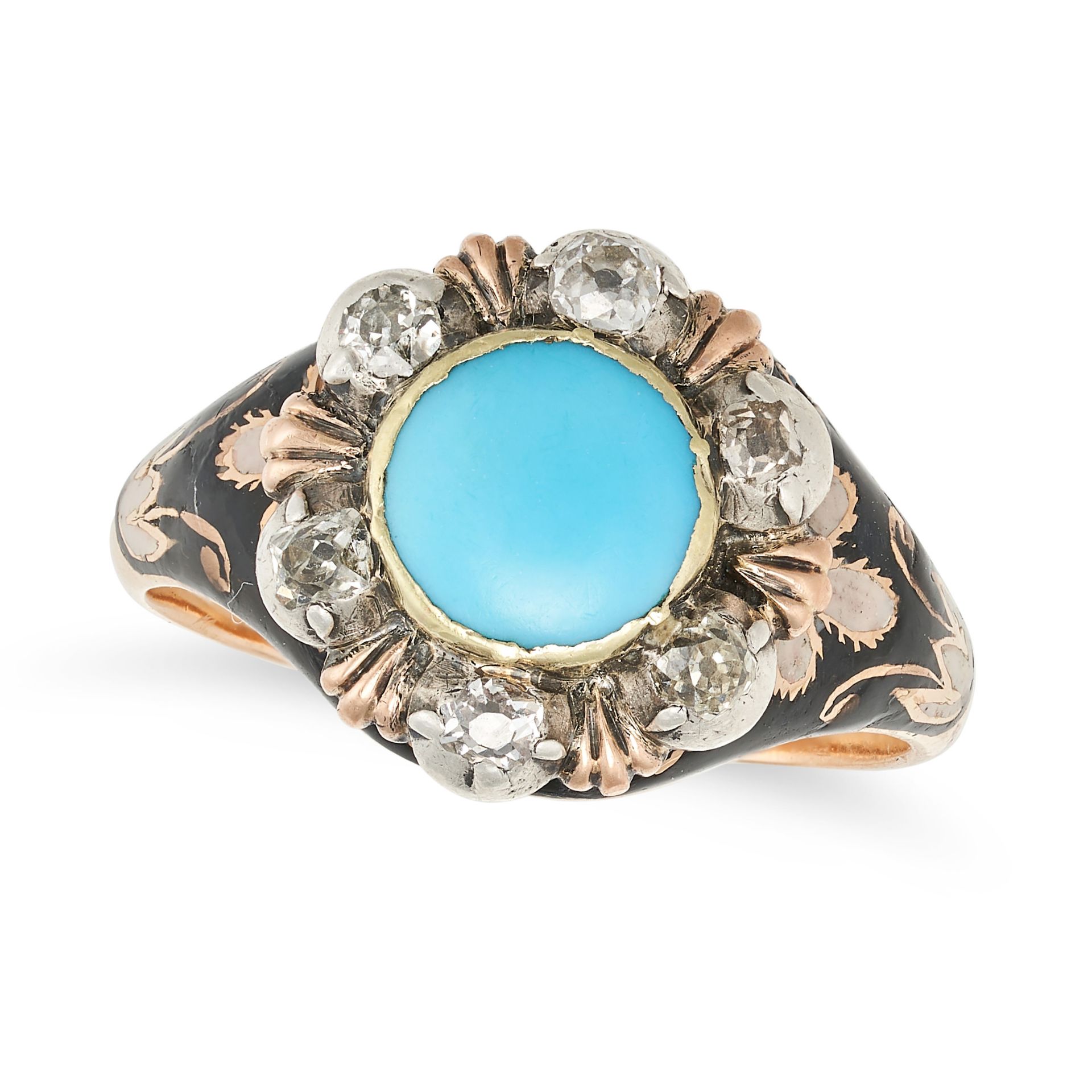 AN ANTIQUE TURQUOISE, DIAMOND AND ENAMEL CLUSTER RING, 19TH CENTURY in yellow gold, set with a ro...