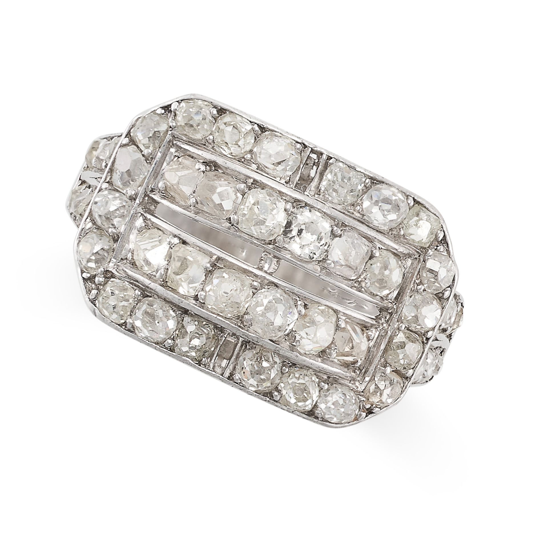 NO RESERVE - AN ART DECO DIAMOND DRESS RING in platinum, the geometric face set with rows of old ...