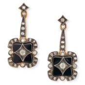 A PAIR OF ONYX AND DIAMOND DROP EARRINGS in yellow gold and silver, each comprising a row of roun...