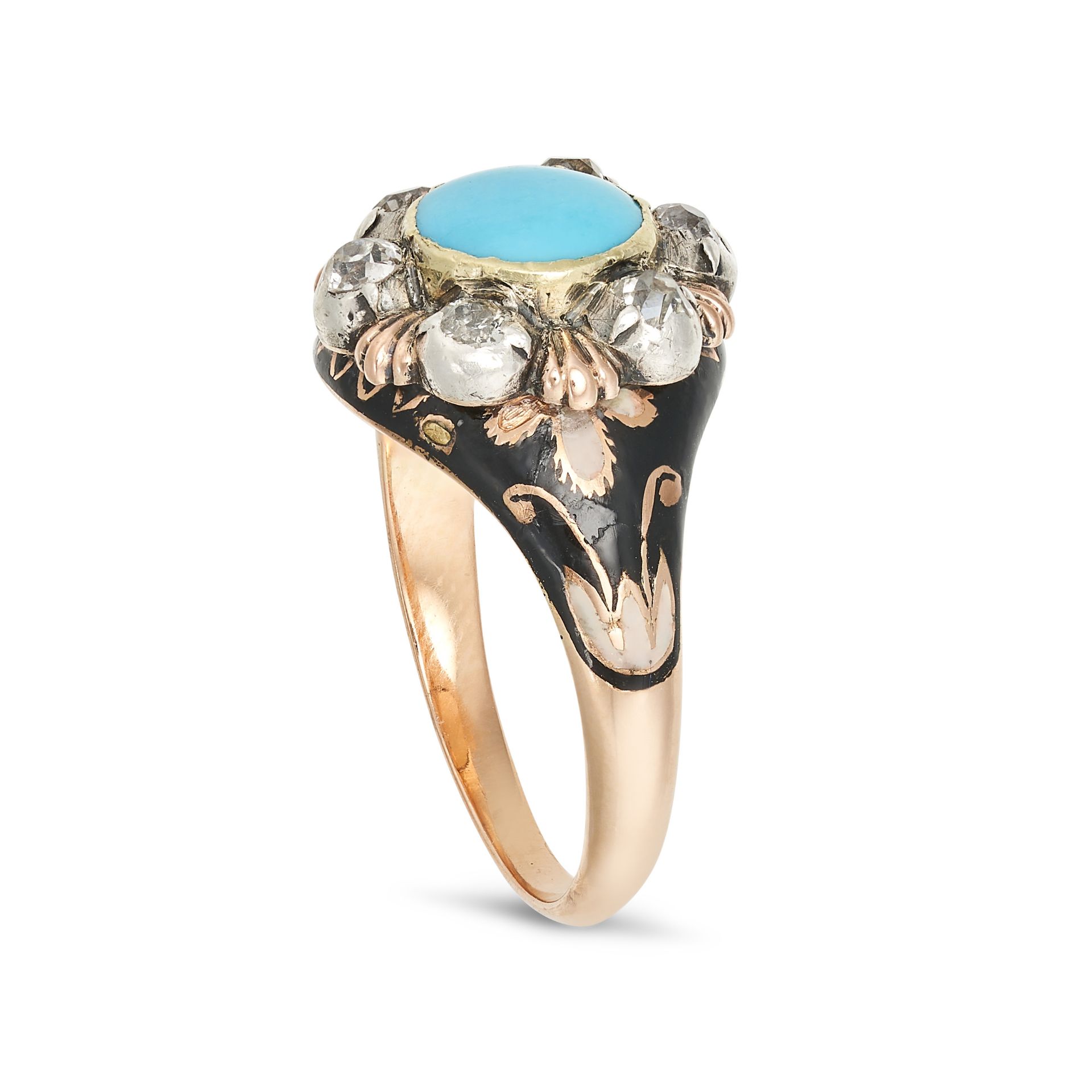 AN ANTIQUE TURQUOISE, DIAMOND AND ENAMEL CLUSTER RING, 19TH CENTURY in yellow gold, set with a ro... - Bild 2 aus 2