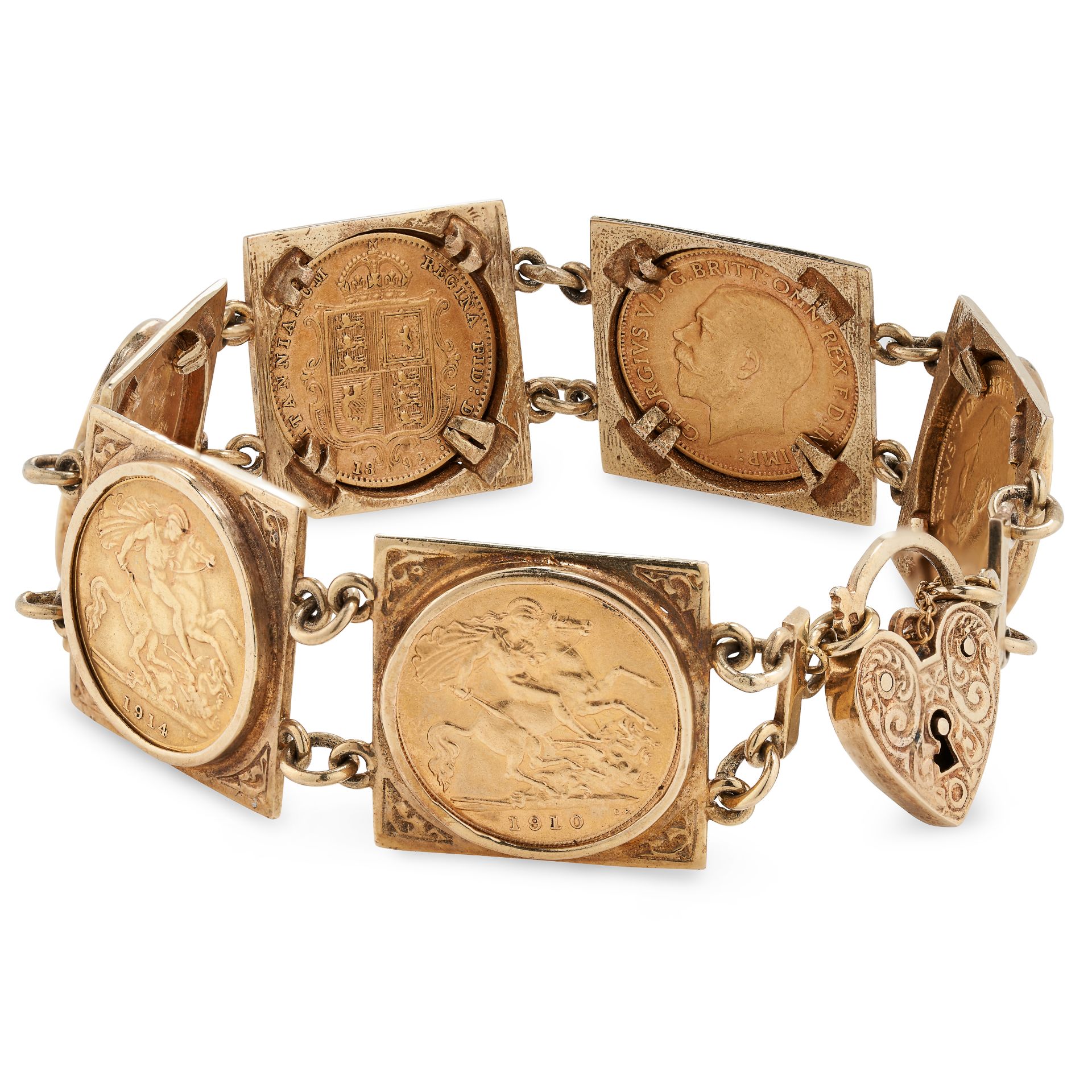 NO RESERVE - A VINTAGE HALF SOVEREIGN BRACELET in 9ct yellow gold, comprising six plaques set wit...