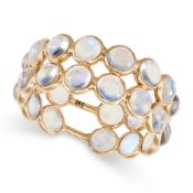 A RAINBOW MOONSTONE ETERNITY RING in 14ct yellow gold, set with two rows of round cabochon rainbo...