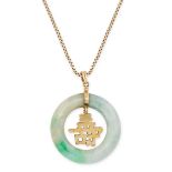 NO RESERVE - A VINTAGE CHINESE JADEITE JADE PENDANT AND CHAIN in 14ct yellow gold, the pendant co...