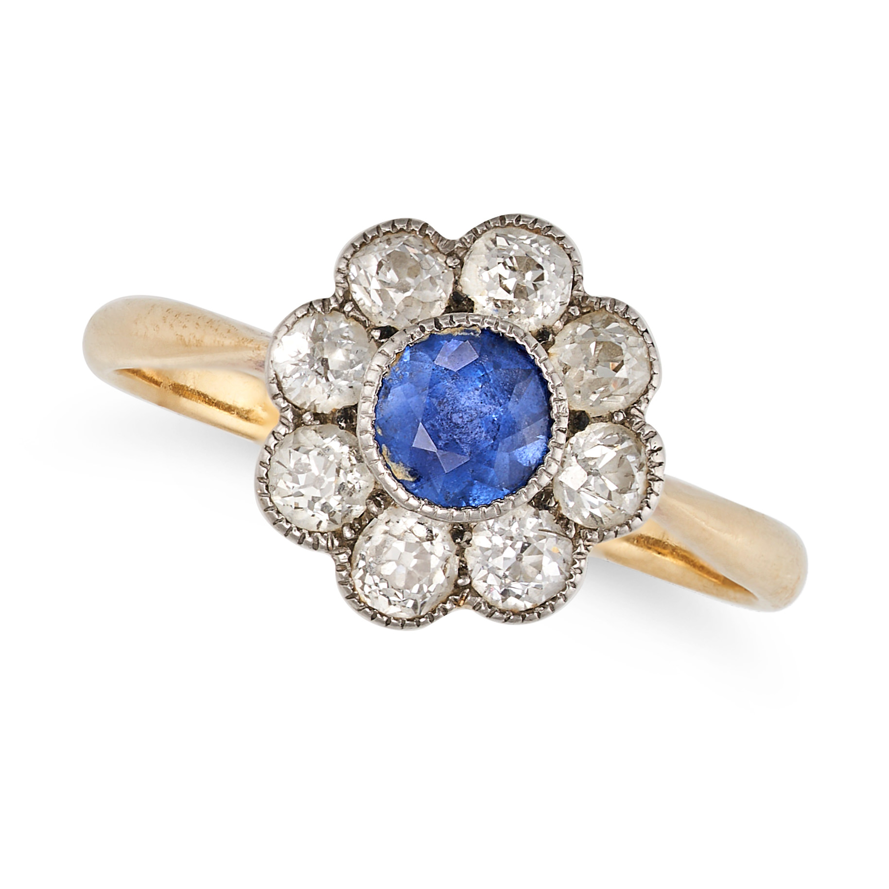 A VINTAGE SAPPHIRE AND DIAMOND CLUSTER RING in 18ct yellow gold, set to the centre with a round c...