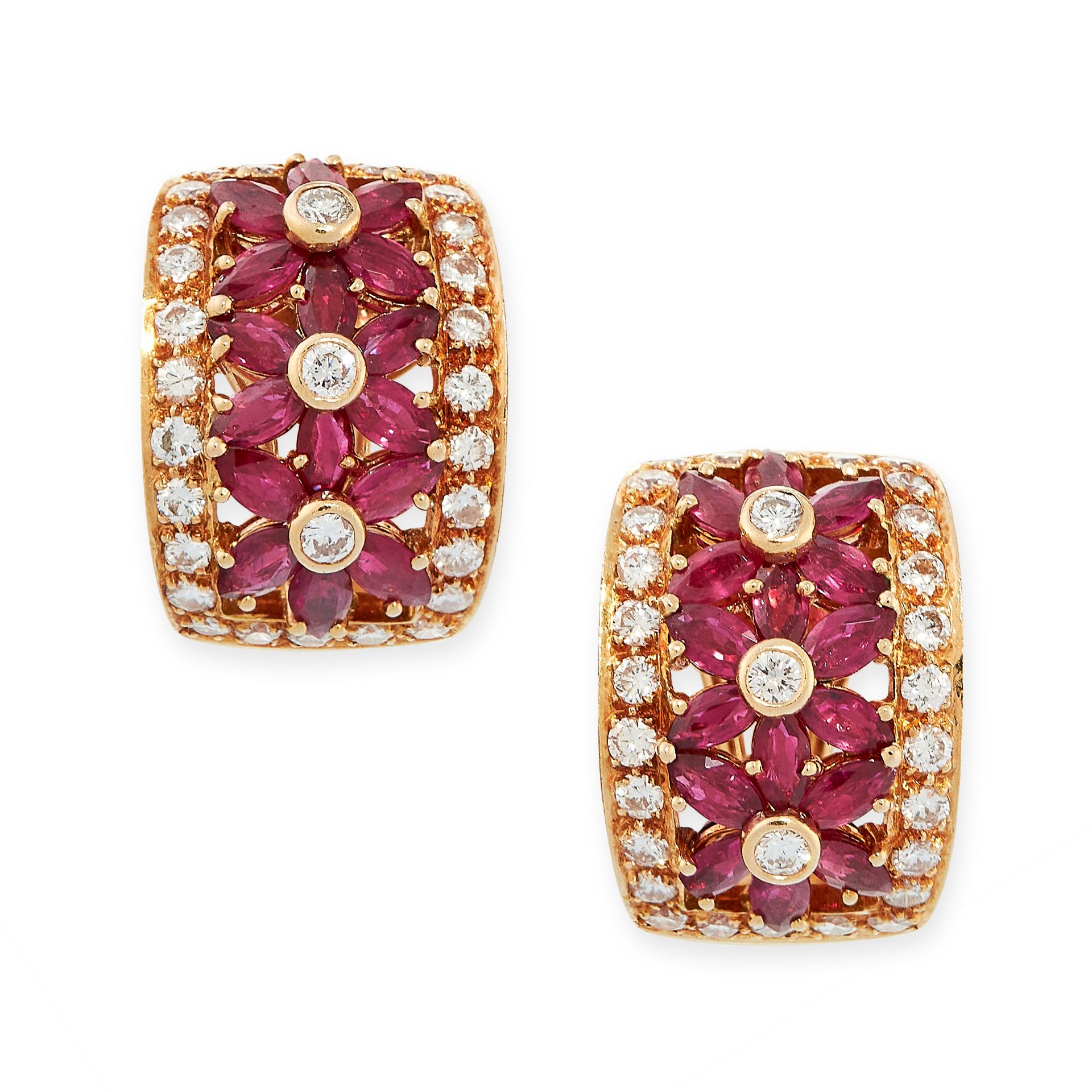 PAIR OF RUBY AND DIAMOND HALF HOOP EARRINGS in 18ct yellow gold, set with three clusters of round...