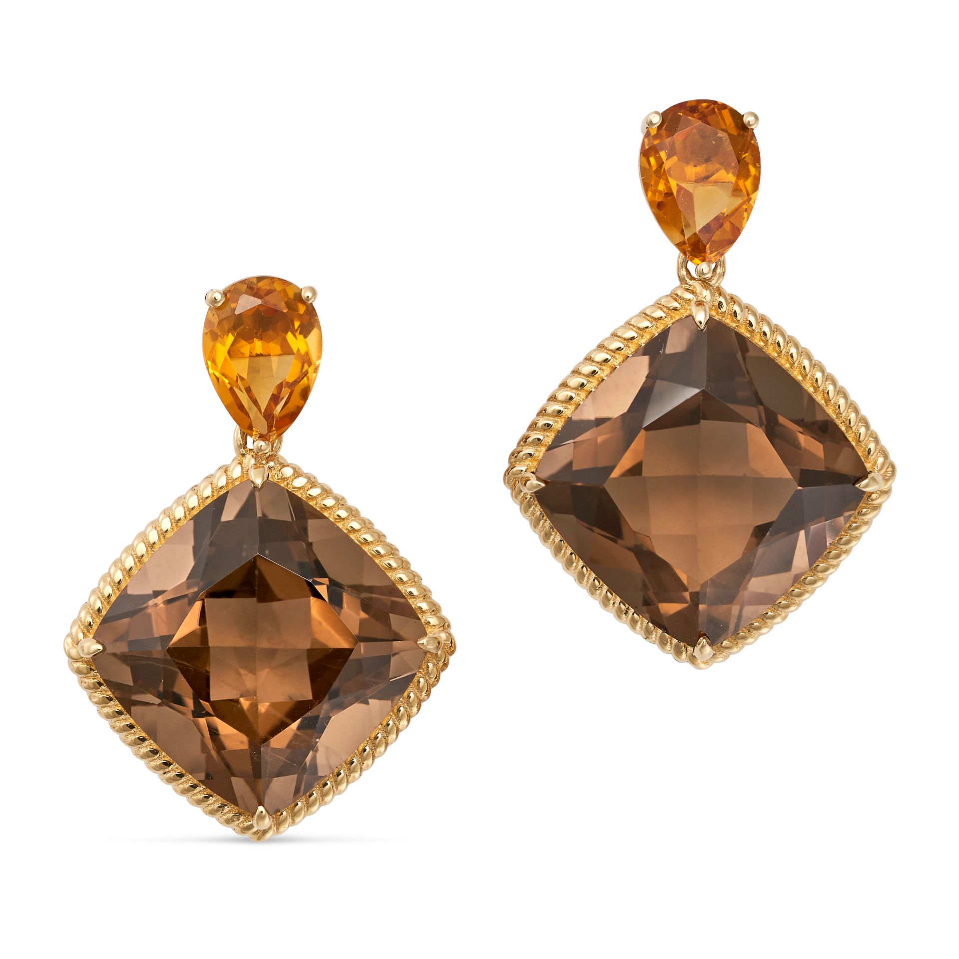 A PAIR OF SMOKEY QUARTZ AND CITRINE EARRINGS in 18ct yellow gold, each set with a pear cut citrin...