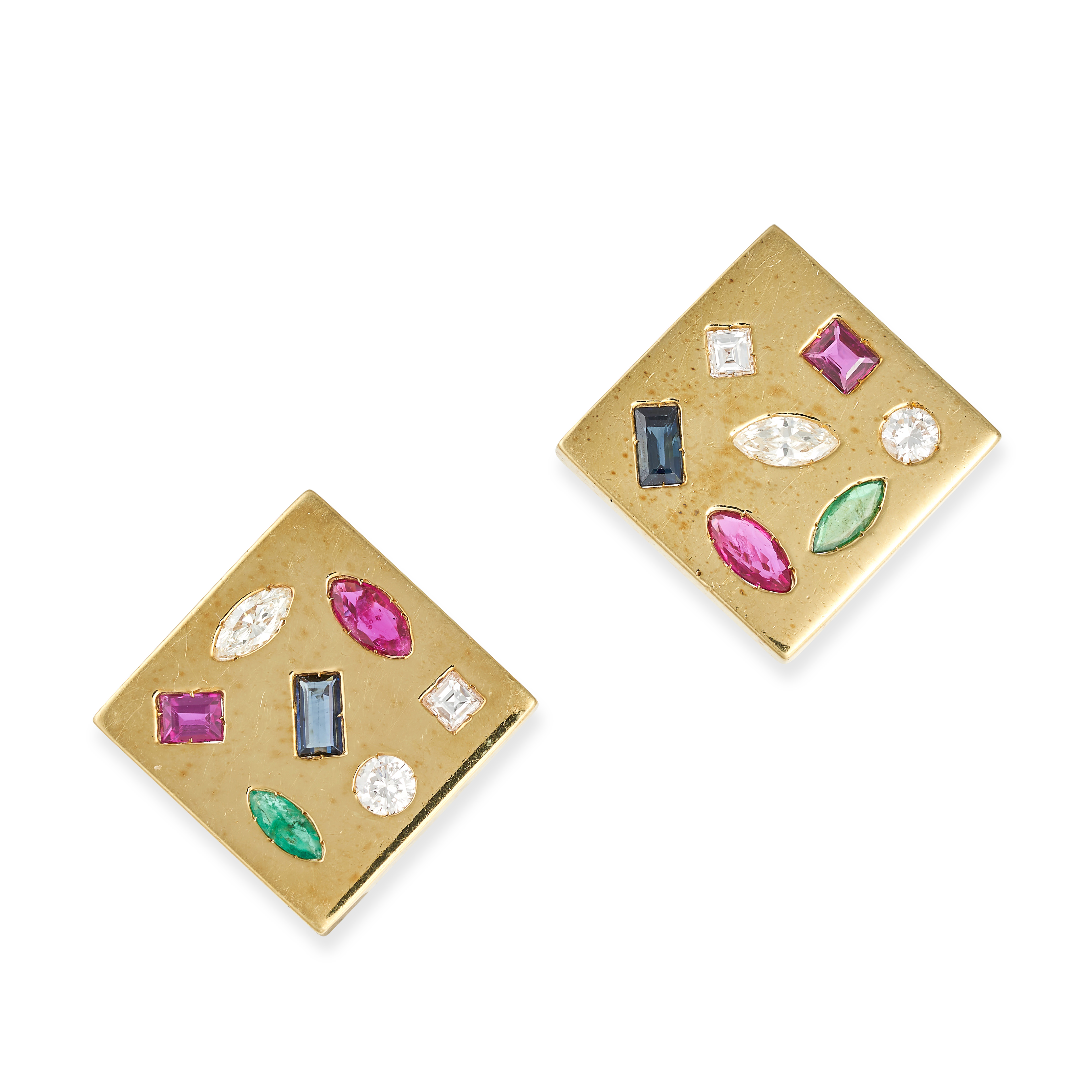 A PAIR OF GEMSET EARRINGS in 18ct yellow gold, each square shaped earring set with a round brilli...