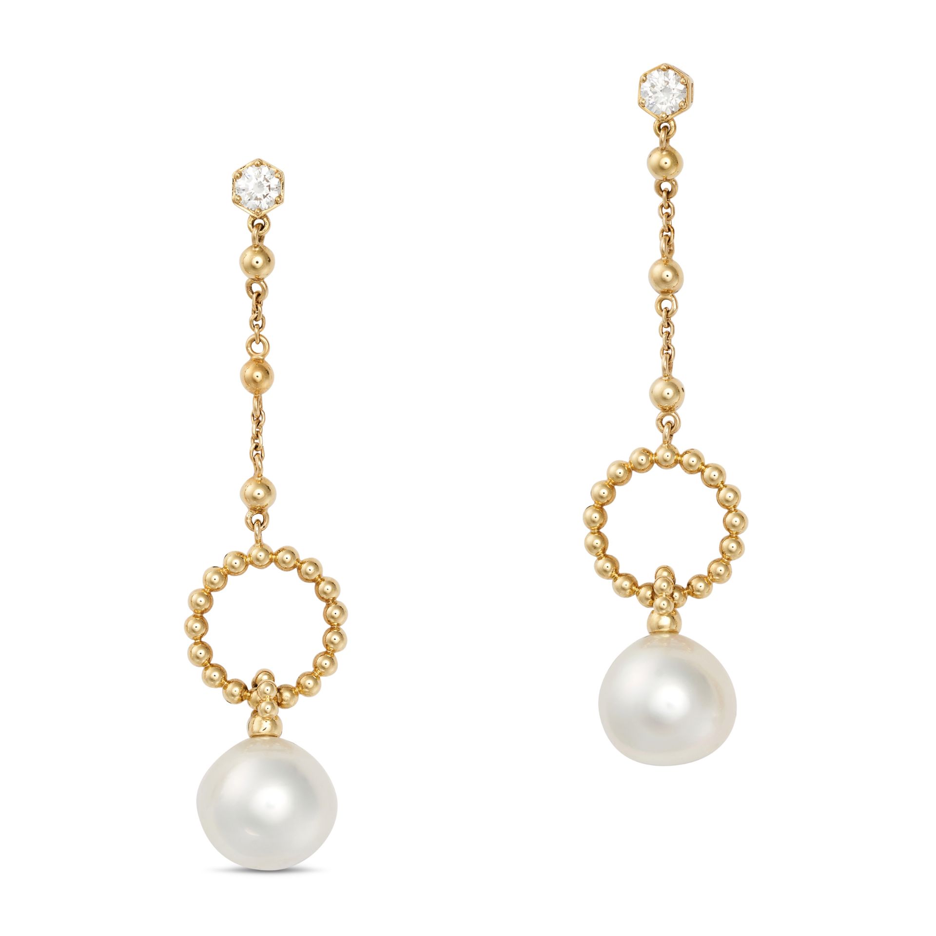 BOODLES, A PAIR OF DIAMOND AND PEARL DROP EARRINGS in 18ct yellow gold, each set with a round bri...