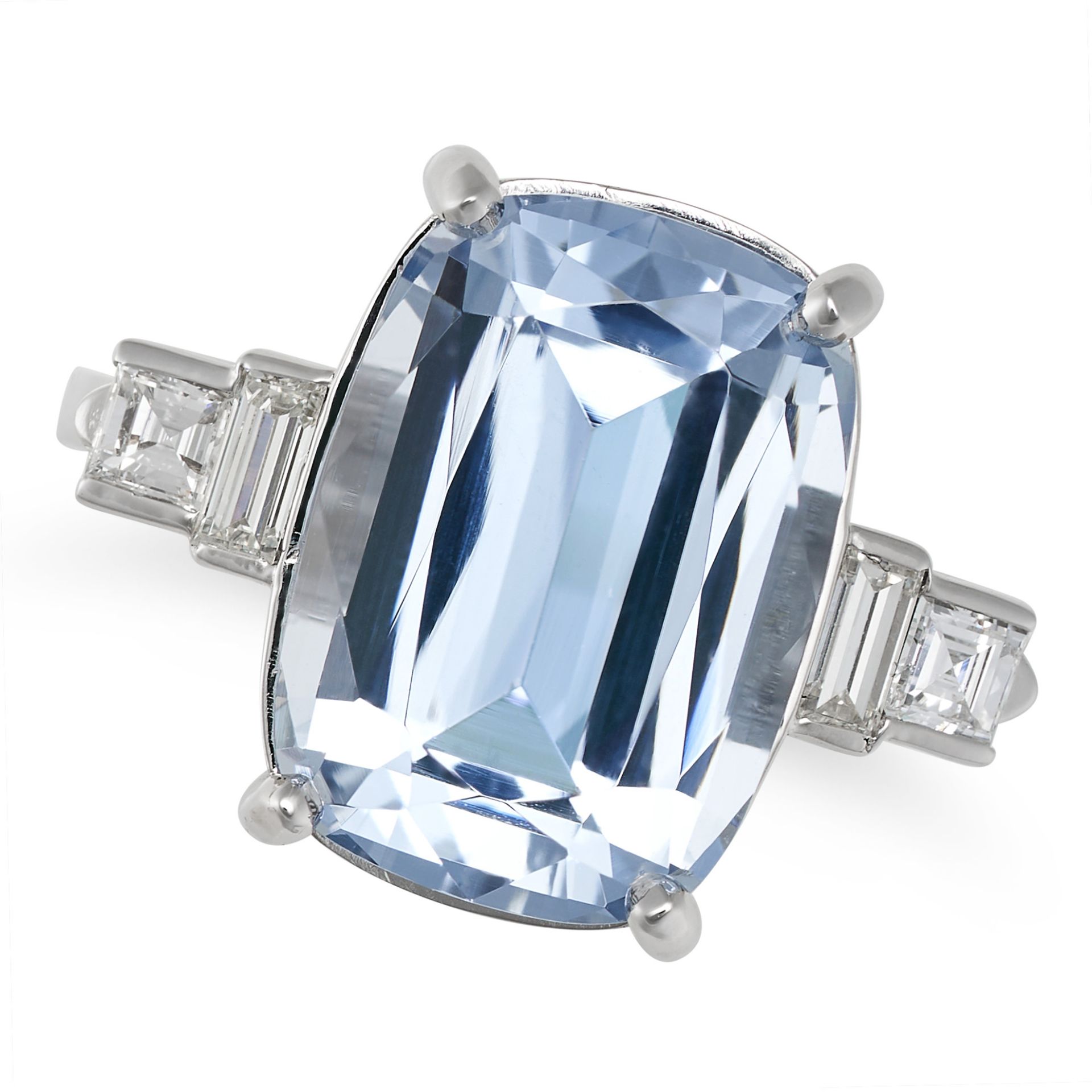 AN AQUAMARINE AND DIAMOND DRESS RING in platinum, set with a cushion cut aquamarine of 7.07 carat...