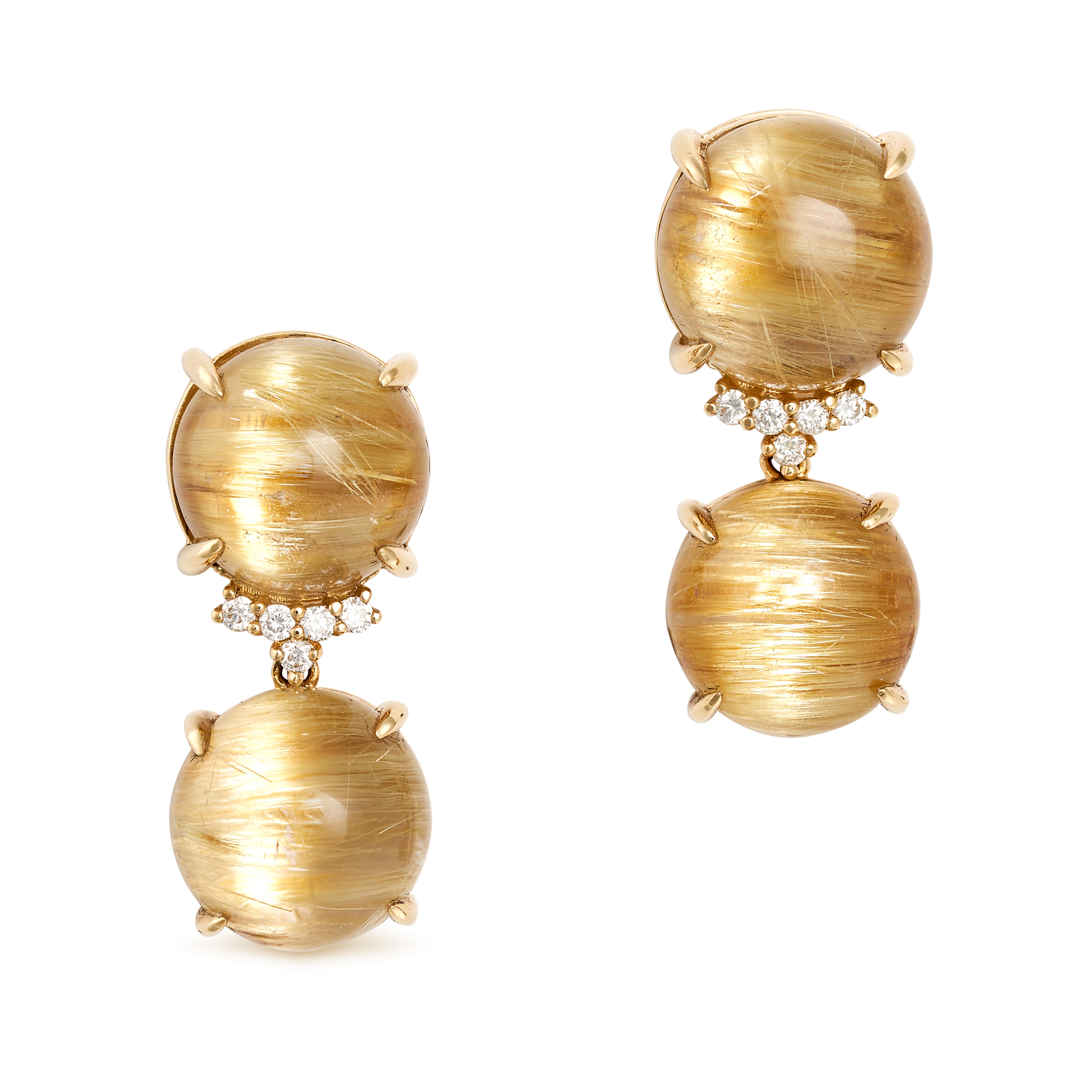 A PAIR OF RUTILLATED QUARTZ AND DIAMOND EARRINGS in 18ct yellow gold, set with a cabochon rutilla...